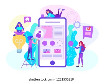 Web designers are working on creating a mobile application. Web development online app, internet sites. Vector illustration for web design, blogging, social media, banners.