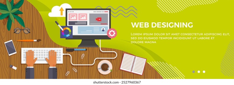 Modelo de página inicial de design da Web com interface de site de construção de computadores e pessoas. Cena para web design e desenvolvimento, ferramenta ou serviço on-line do construtor de sites. Gráfico de computador, criar conteúdo