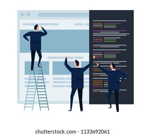 web develop and web design team ,and people business team working on wireframe coding programming concept small people with large screen vector