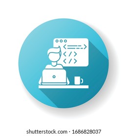 Web developer blue flat design long shadow glyph icon. Computer software development, PC application design. Programming, coding and UI designing process. Silhouette RGB color illustration