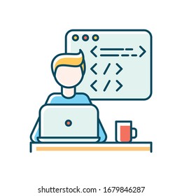 Icono de color RGB azul para desarrollador web. Desarrollo de software para ordenadores, diseño de aplicaciones para PC, pruebas de plataformas. Proceso de programación, codificación y diseño de interfaz de usuario. Ilustración vectorial aislada