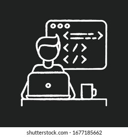 Web developer chalk white icon on black background. Computer software development, PC app design, platform testing. Programming, coding, UI designing. Isolated vector chalkboard illustration