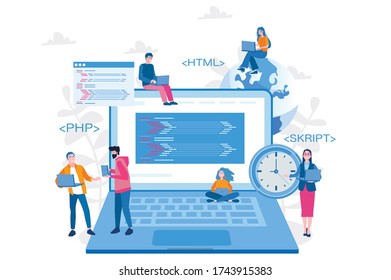 Web developer, code, computer software and applications, PHP, HTML. Vector illustration for web banner, infographics, mobile. 