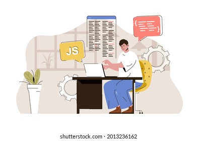 Web developer concept. Designer develops site, writes code, creates layout situation. Online page development people scene. Vector illustration with flat character design for website and mobile site