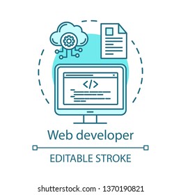 Web developer concept icon. Website programmer idea thin line illustration. IT specialist. Software development. Web engineering. Front-end, back-end. Vector isolated outline drawing. Editable stroke