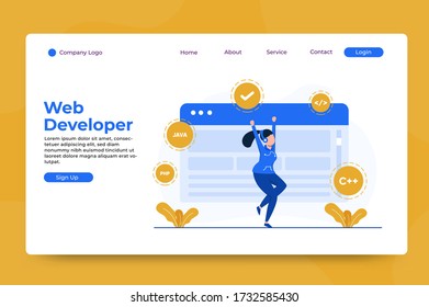 web developer concept landing page template. Modern flat design concept of web page design for templates, UI, web, mobile app, posters, banners, flyers, development. vector illustration