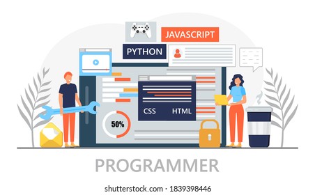 Web developer concept vector for landing page. Programmer constructs website and writes code. Software engineer working in digital or AI technology. Software development in IT company.