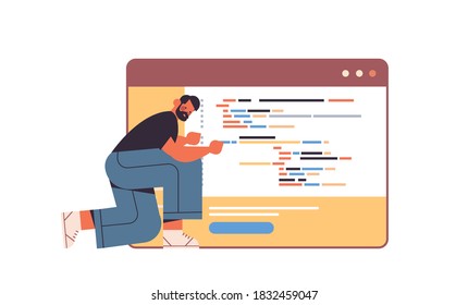 web developer creating program code development of software and programming concept full length horizontal vector illustration