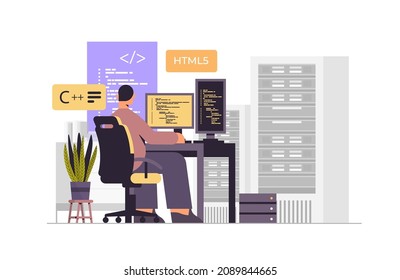 web developer creating program code on computer monitor development of software and programming concept