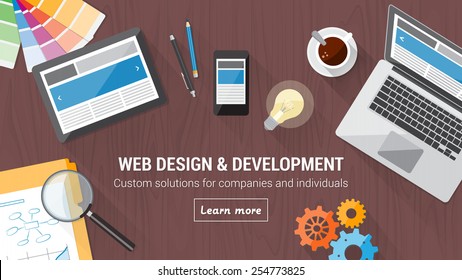 Web developer desk with computer, tablet and mobile, responsive web design and digital marketing concept