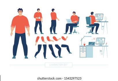 Web Developer, Freelancer Character Constructor Trendy Flat Vector Design Elements Set Isolated on White Background. It Company Employee Poses, Body Parts, Face Expressions, Work Place Illustration