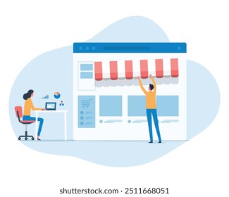 web developer and graphic designer team working. flat vector illustration design concept create and make online store on mobile application and web browser. people business team working.

