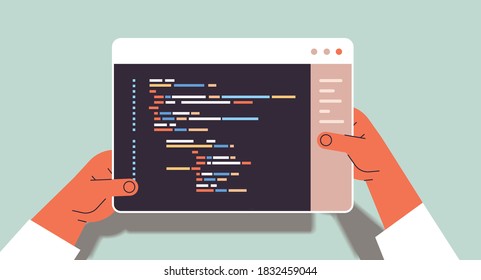 manos de desarrollador web usando tablet pc creando desarrollo de código de programa y concepto de programación ilustración vectorial