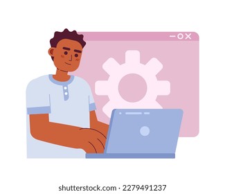 Web developer job flat concept vector spot illustration. Editable 2D cartoon character on white for web design. Website development. Man working on laptop creative idea for website, mobile, magazine