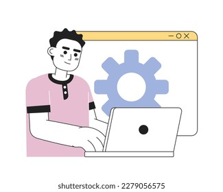 Web developer job line concept vector spot illustration. Editable 2D flat cartoon character on white for web design. Man working on laptop creative lineart idea for website, mobile, blog