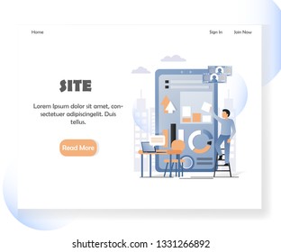 Web developer landing page template. Mobile site creation process vector illustration. Web development services concept for website and mobile site development.