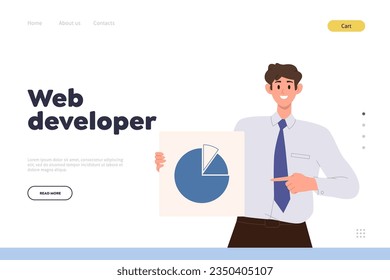 Web developer landing page template with happy seo analytics character showing pie chart design