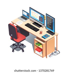 Web developer programmer working desk with opened project code on monitors. Laptop computer, desktop pc setup table with casters chair, mechanical keyboard. Flat isometric isolated vector illustration