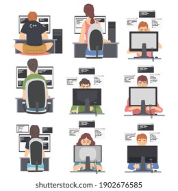 Web Developer or Programmer Working In Front of Computer Screen Vector Illustration Set