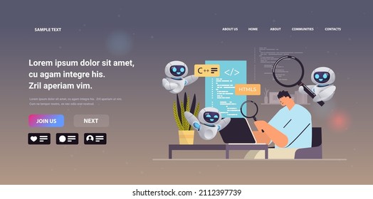 desarrollador web con robots que crean el desarrollo de código de programa de software y programación de inteligencia artificial