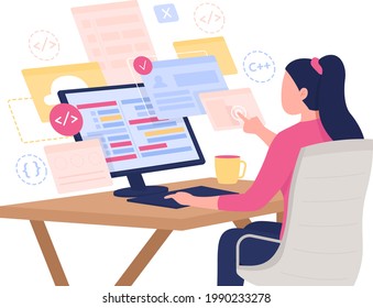 Web developer semi flat color vector character. Female programmer figure. Person on white. Self-employed freelancer isolated modern cartoon style illustration for graphic design and animation