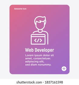 Web developer thin line icon. Coder, programmer. Freelancer, work at home. Vector illustration.