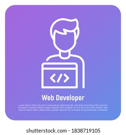 Web developer thin line icon. Coder, programmer. Freelancer, work at home. Vector illustration.