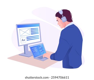 A web developer wearing headphones is working on UI design at a desk with a laptop and monitor displaying wireframe elements. Modern workspace concept. Vector illustration