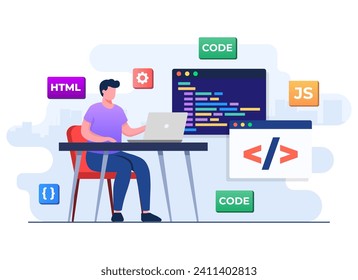 Web developer wiring code or program using laptop, Computer programming, Java, HTML symbols, Web design, Software, application design, programming languages, developing, website