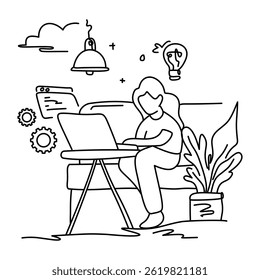 Web Developer Woman Coding. Sitting on abstract steps, working on laptop. Modern, clean line art. Perfect for tech, freelance, digital work. Focused, creative atmosphere