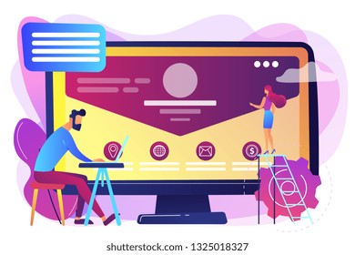 Web developer working on company website, tiny people. Corporate website, official company website, online business representation concept. Bright vibrant violet vector isolated illustration