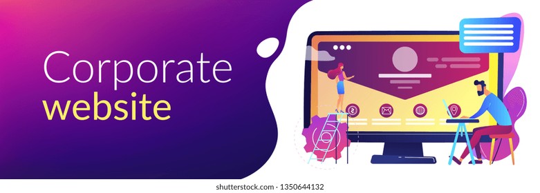 Web developer working on company website, tiny people. Corporate website, official company website, online business representation concept. Header or footer banner template with copy space.