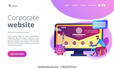 Web developer working on company website, tiny people. Corporate website, official company website, online business representation concept. Website vibrant violet landing web page template.