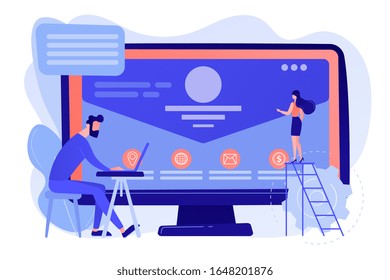 Web developer working on company website, tiny people. Corporate website, official company website, online business representation concept. Pinkish coral bluevector isolated illustration