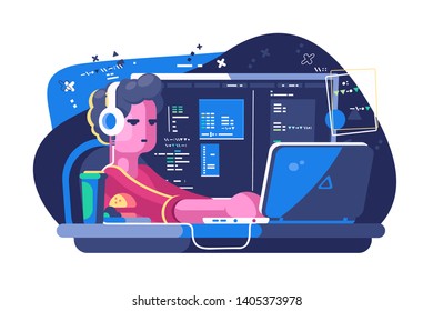 Web developer working on laptop vector illustration. Designer developing design and programming of program or application flat style concept. Website creative project