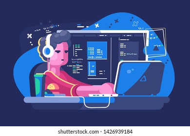 Web developer working on laptop vector illustration. Designer developing design and programming of program or application flat style concept. Website creative project