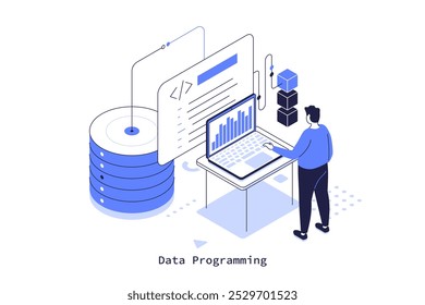 Desarrollador web trabajando en portátil con software moderno. Concepto de programación de datos de Ilustración vectorial isométrica. Escribir código con tecnología de inteligencia artificial composición de personajes de dibujos animados