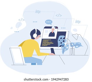 El desarrollador web trabaja desde casa. El diseñador se comunica a través de un enlace de vídeo con el cliente. Un programador está trabajando en un proyecto en una laptop.