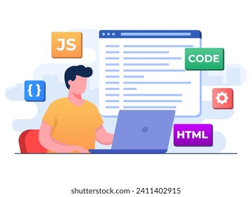 Web developer writing code or program using laptop, Computer programming, Java, HTML symbols, Web design, Software, application design, programming languages, developing, website