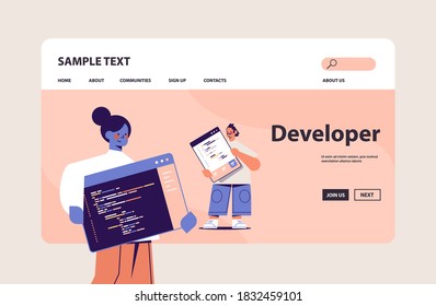 web developers couple creating program code development of software and programming concept horizontal copy space vector illustration