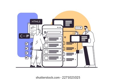 web developers couple creating program code on smartphone screen development of software and programming