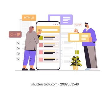 web developers creating program code on smartphone screen development of software and programming