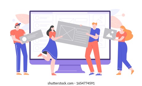 Web developers and designers build a website. Team work, development studio, programmers, startup. Characters hold cards and frames. Web page layout monitor. Vector flat illustration. 