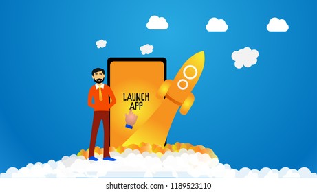 Web developers launch new mobile app. Business goal achievement. Successful startup concept. Isolated flat vector illustration