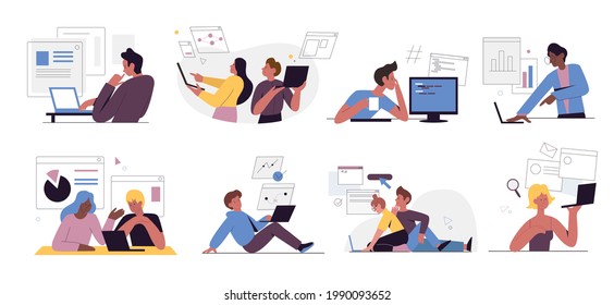 Web developers people work vector illustration set. Cartoon designer coder characters working with virtual graphical interface, developing website design, writing software code isolated on white