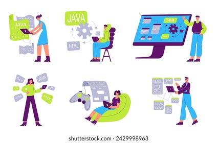 Web developers, software programmers work illustration set. Game testers checking quality and fixing bugs. Female and male workers using different programming languages vector isolated set