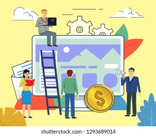 Web developers, website creation team, work process. People standing near big screen. Poster for social media, web page, banner, presentation. Flat design vector illustration