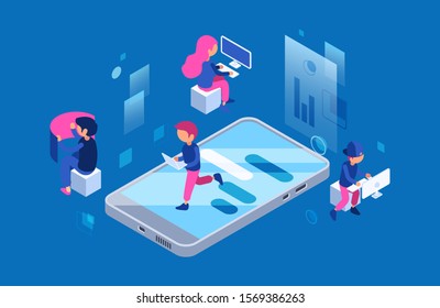 Web developers at work. Female and male IT workers with computers and smartphone vector concept