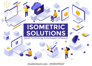 Desarrolladores web que trabajan con equipos informáticos. COLECCIÓN de Elementos de soluciones isométricas de tecnología SAAS y software empaquetado. Productos y servicios digitales en línea Ilustraciones vectoriales 3d