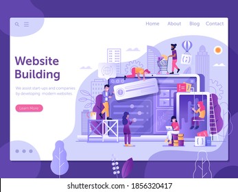 Web developing process horizontal banner. Website under construction or maintenance landing page template. 404 error illustration with developers team building or upgrading site and adding services.